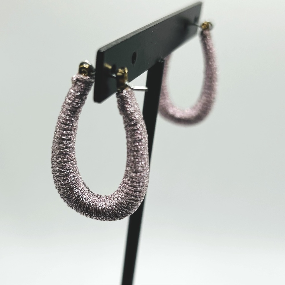 A new day lilac purple sparkle silk threaded hoop earrings